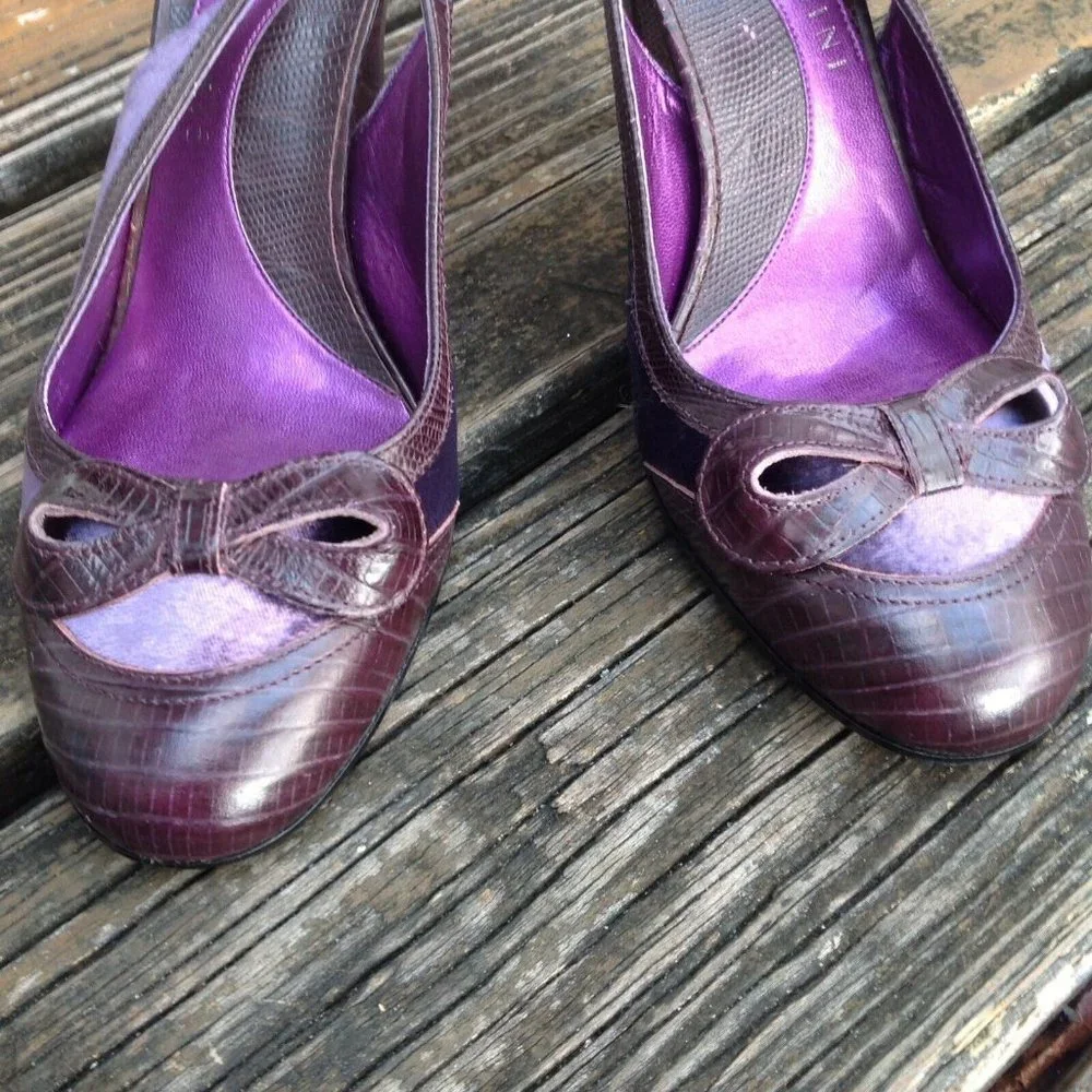 Gianni Bini Purple Leather Velvet Heels Size 7.5 SlingBack Round Toe Bow Shoes